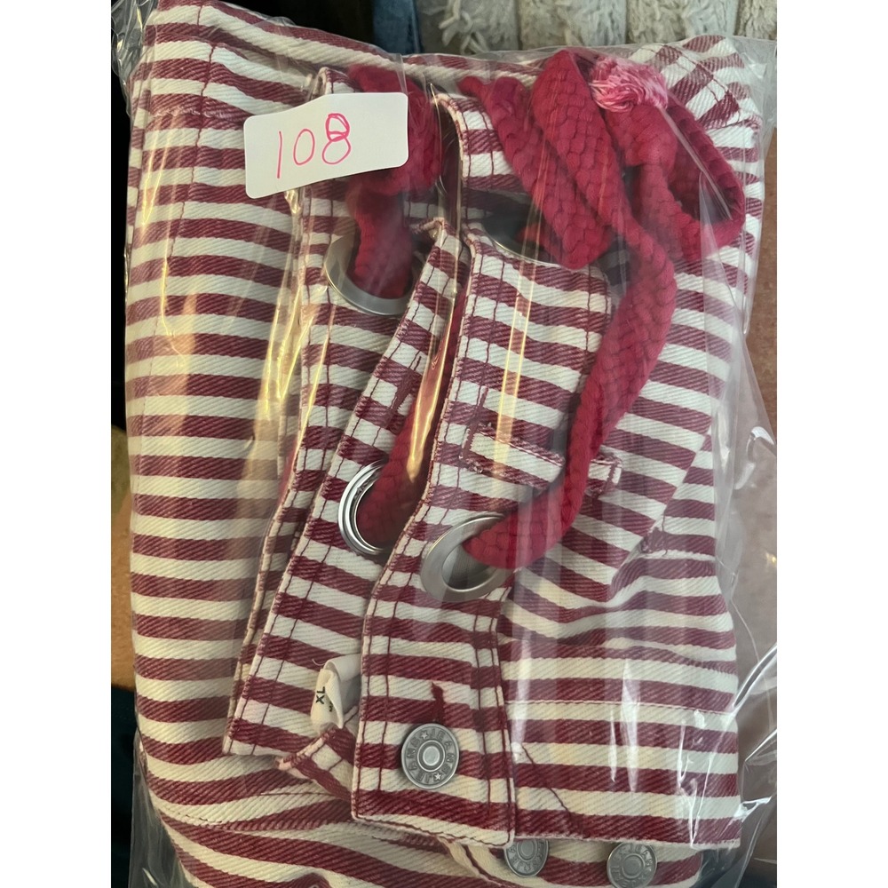 BIBI Red White Striped Denim Patchwork Pants XL Drawstring Grommet Utility Jeans - Picture 6 of 6